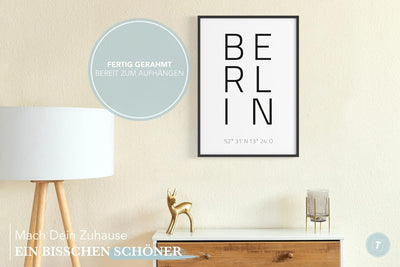 Papierschmiede® Geo Poster Koordinaten Berlin, A3 Gerahmt im Holzrahmen (schwarz), Stadt Bild als Wa