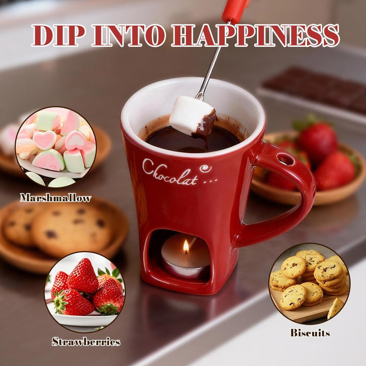 Schokofondue Tasse Set, Keramik Schokoladenfondue Tasse mit Gabel, 130ML Schoko Fondue Tassen, Persö