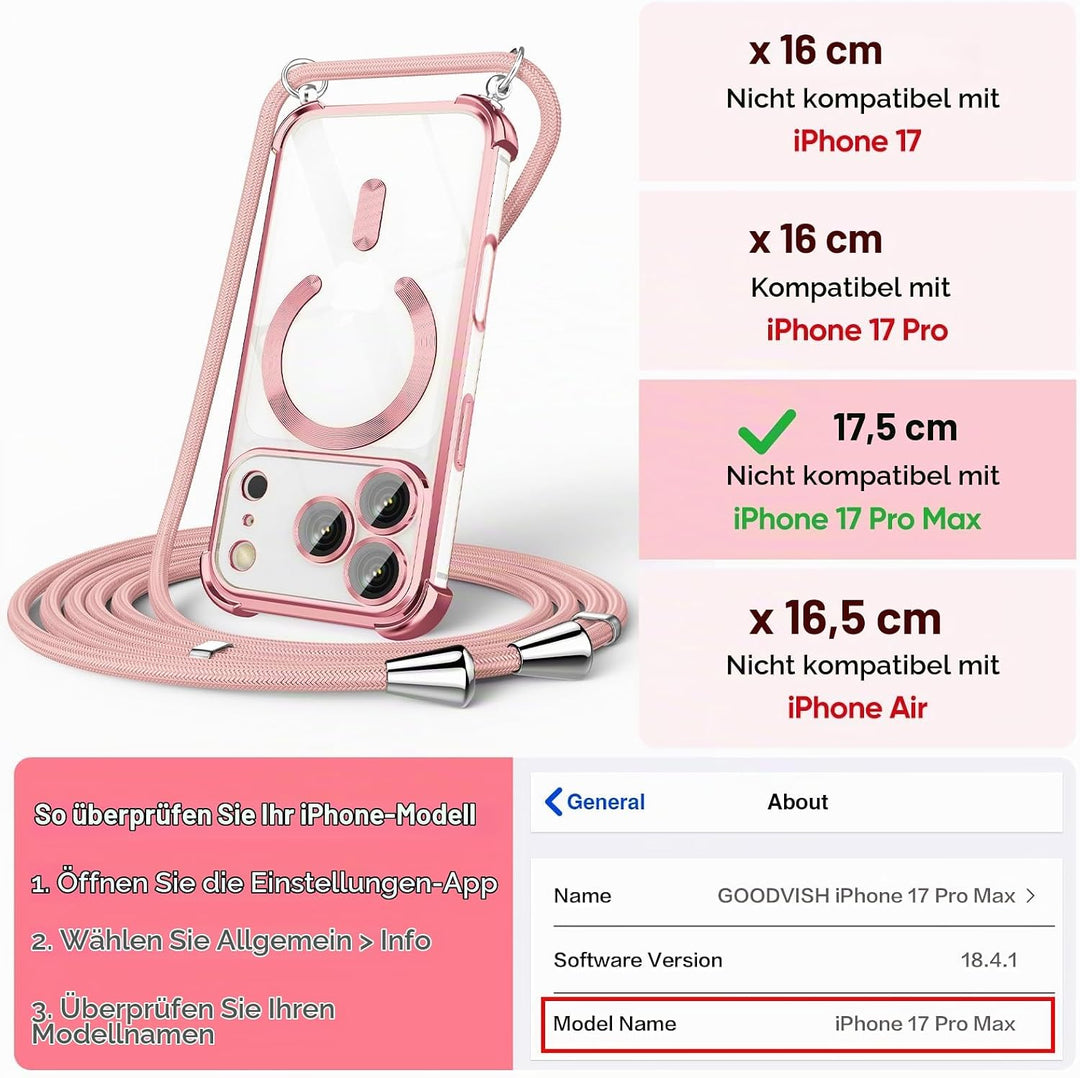 GOODVISH Handykette für iPhone 17 Pro Max Hülle mit Band, mit 2 Stück Schutzfolie und Kamera Schutz,