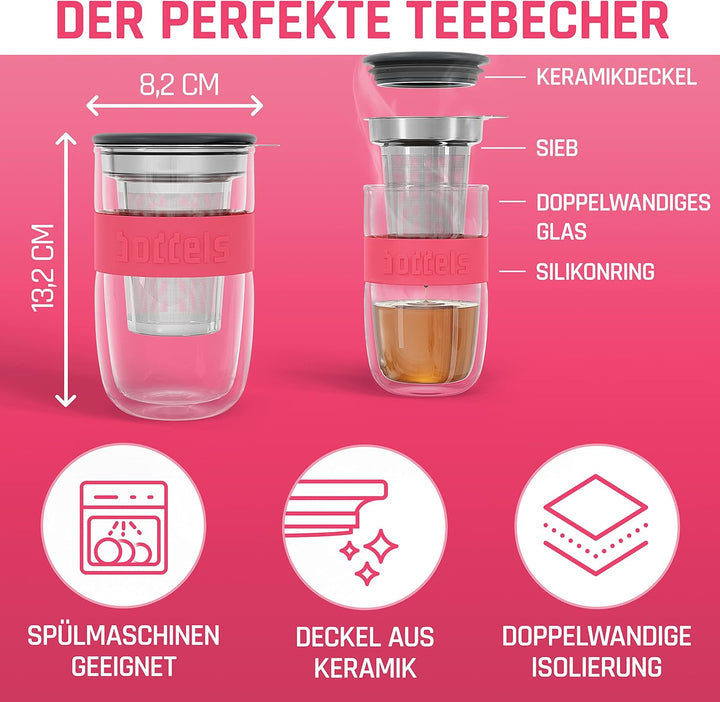 Glasbecher 380ml – Teebecher mit Sieb+Deckel, doppelwandig, Teetasse mit Edelstahl-Sieb, Keramik-Dec