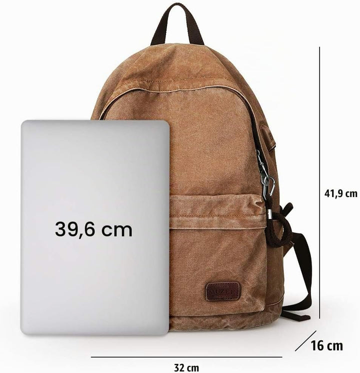 Muzee Canvas Rucksack, Leichter Anti-Diebstahl-Reise-Rucksack mit USB-Ladeanschluss für Herren Damen
