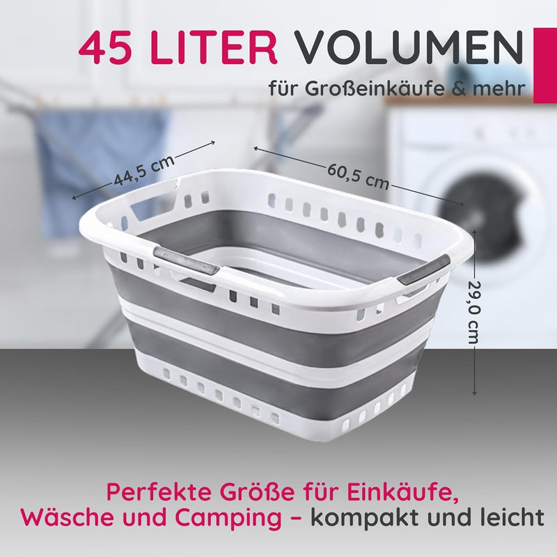 Suleno® Faltkorb 45L – Faltbarer Wäschekorb grau weiss 3 Griffe – Einkaufskorb Camping Picknick – St