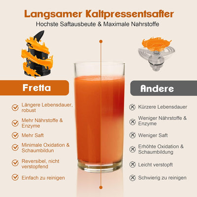 Fretta Slow Juicer Entsafter Gemüse und Obst Testsieger, 250W Edelstahl Saftpresse Elektrisch Obstpr