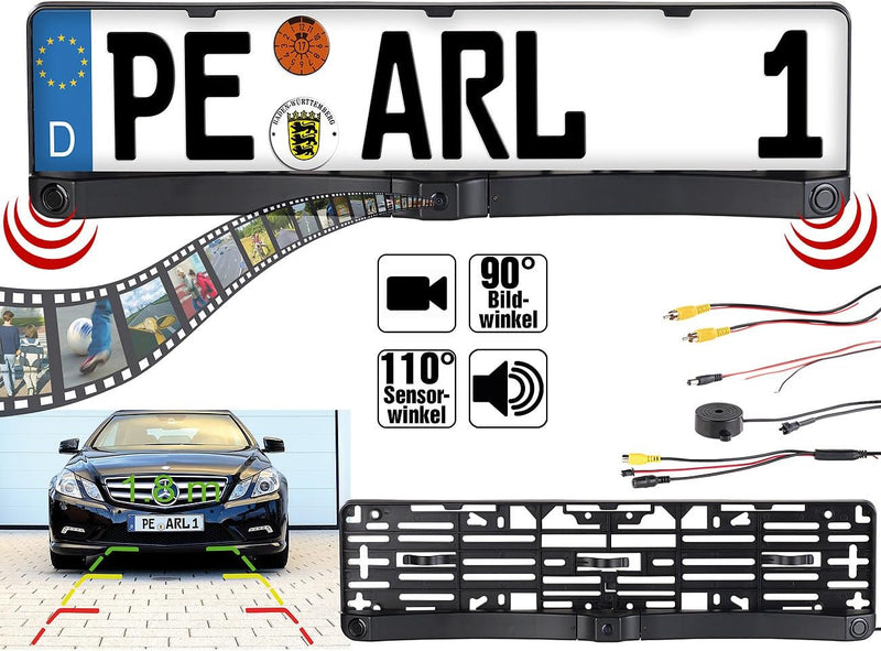 Lescars Kennzeichen Kamera: Rückfahrkamera & Einparkhilfe mit Abstandswarner, Nummernschildhalter (R