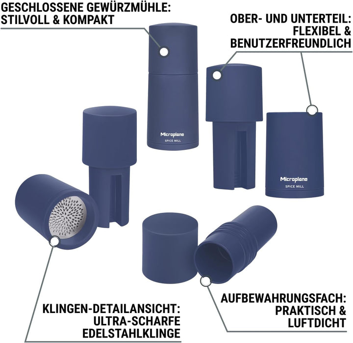 Microplane Gewürzmühle 2in1 – Denim Blau | Manuelle Mühle mit rasiermesserscharfer Edelstahlklinge |