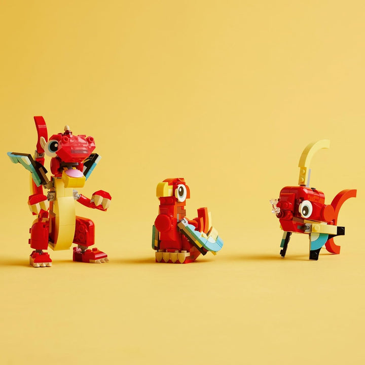 LEGO Creator 3 in 1 Roter Drache Spielzeug, Verwandelt sich vom Drachenspielzeug zum Fischspielzeug