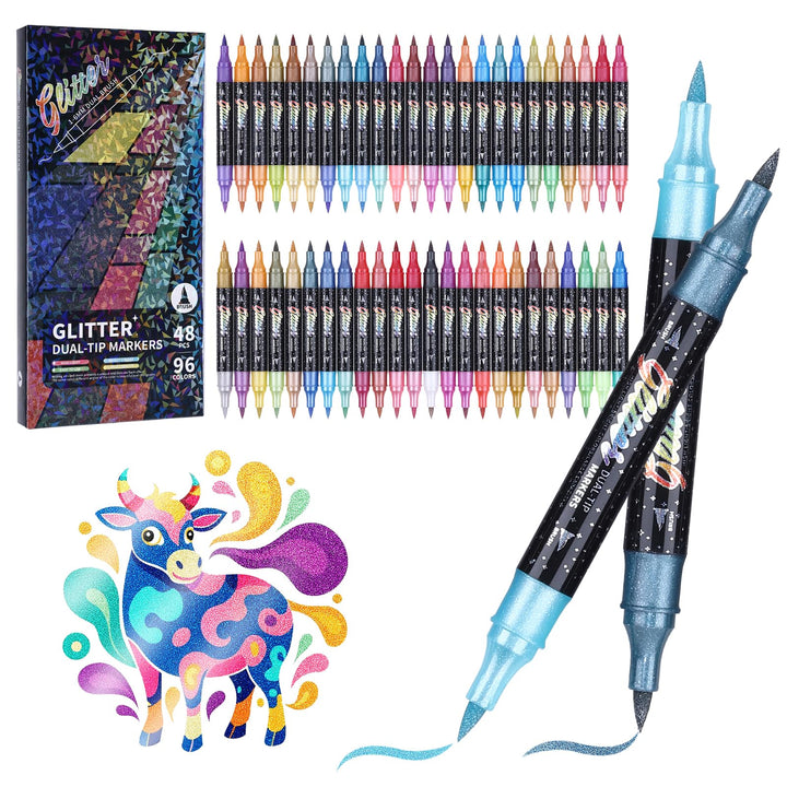 KEMYR Glitzer-Effekt-Pinsel-Marker, 96 Farben, Doppelspitze, Glitzerstifte, Set mit 48 metallischen