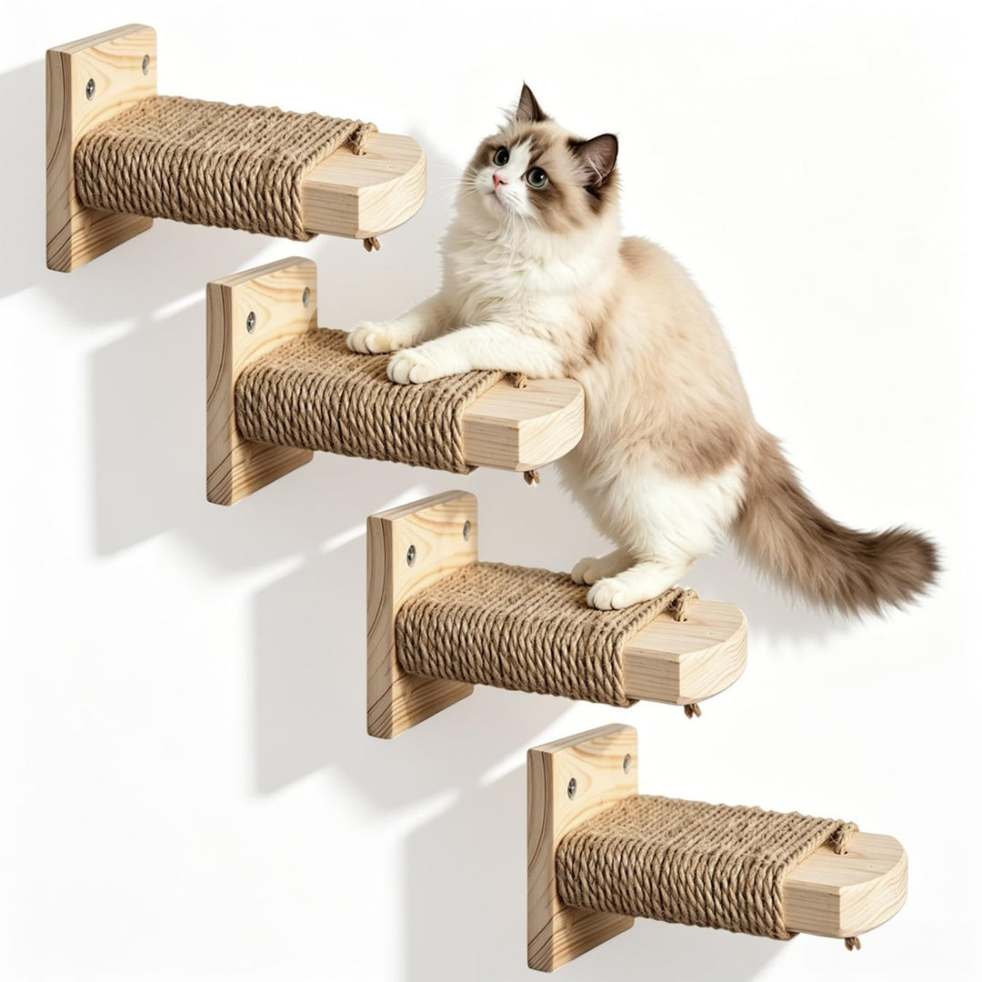 Katzentreppe Wand 4pcs 20CM Lang Natur Holz mit Juteseil Tragfähigkeit 35kg | DIY Kletterwand Katzen
