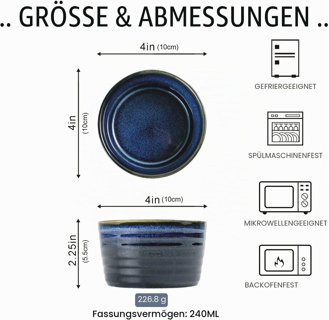 UNICASA Soufflé Förmchen, Creme Brulee Schälchen Blau 4 Stück, Souffleförmchen Porzellan Pastetenfor