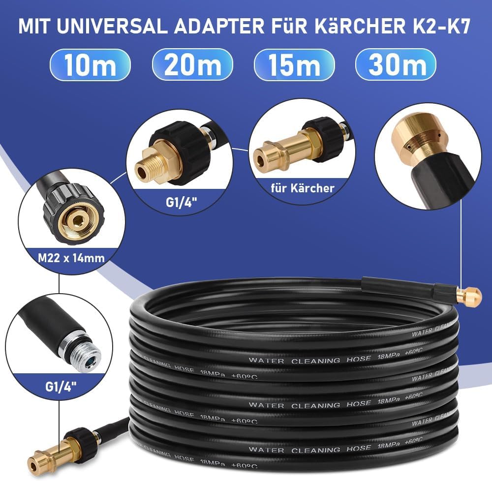 10m Rohrreinigungsschlauch Set, 180 bar, inkl. Tasche mit M22 Adapter, universal Rohrreinigungsset,