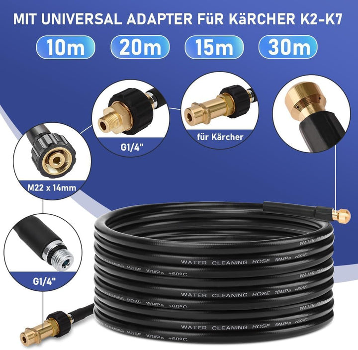 10m Rohrreinigungsschlauch Set, 180 bar, inkl. Tasche mit M22 Adapter, universal Rohrreinigungsset,
