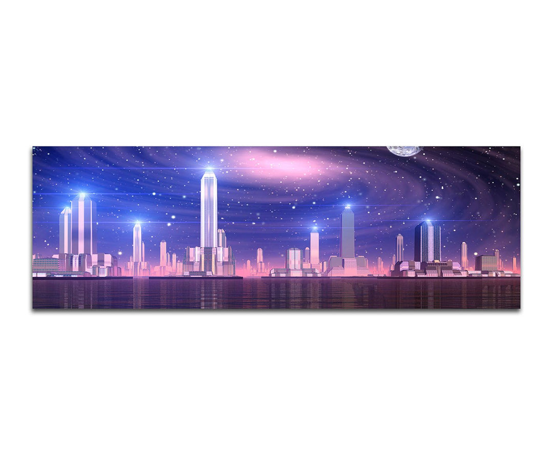 Paul Sinus Art Panoramabild auf Leinwand und Keilrahmen 120x40cm Stadt Skyline Nacht Sterne futurist
