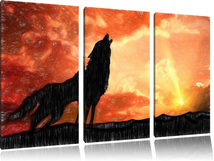 Pixxprint einsamer Wolf auf den Sonnenuntergang Heulen Kunst Buntstift Effekt 3-Teiler Leinwandbild