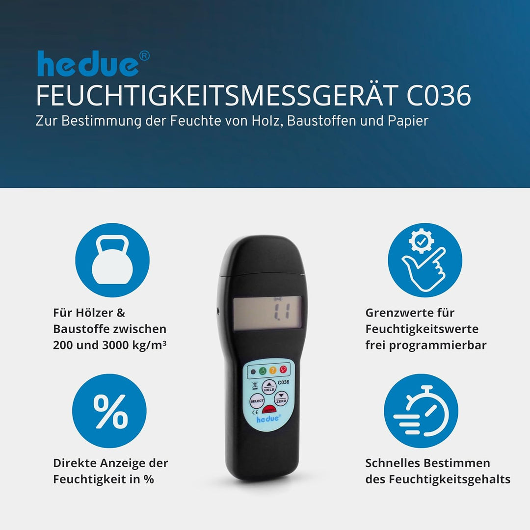 hedue® Feuchtigkeitsmessgerät C036 - Feuchtemesser für Hölzer & Baustoffe zwischen 200-3000 kg/m³, H