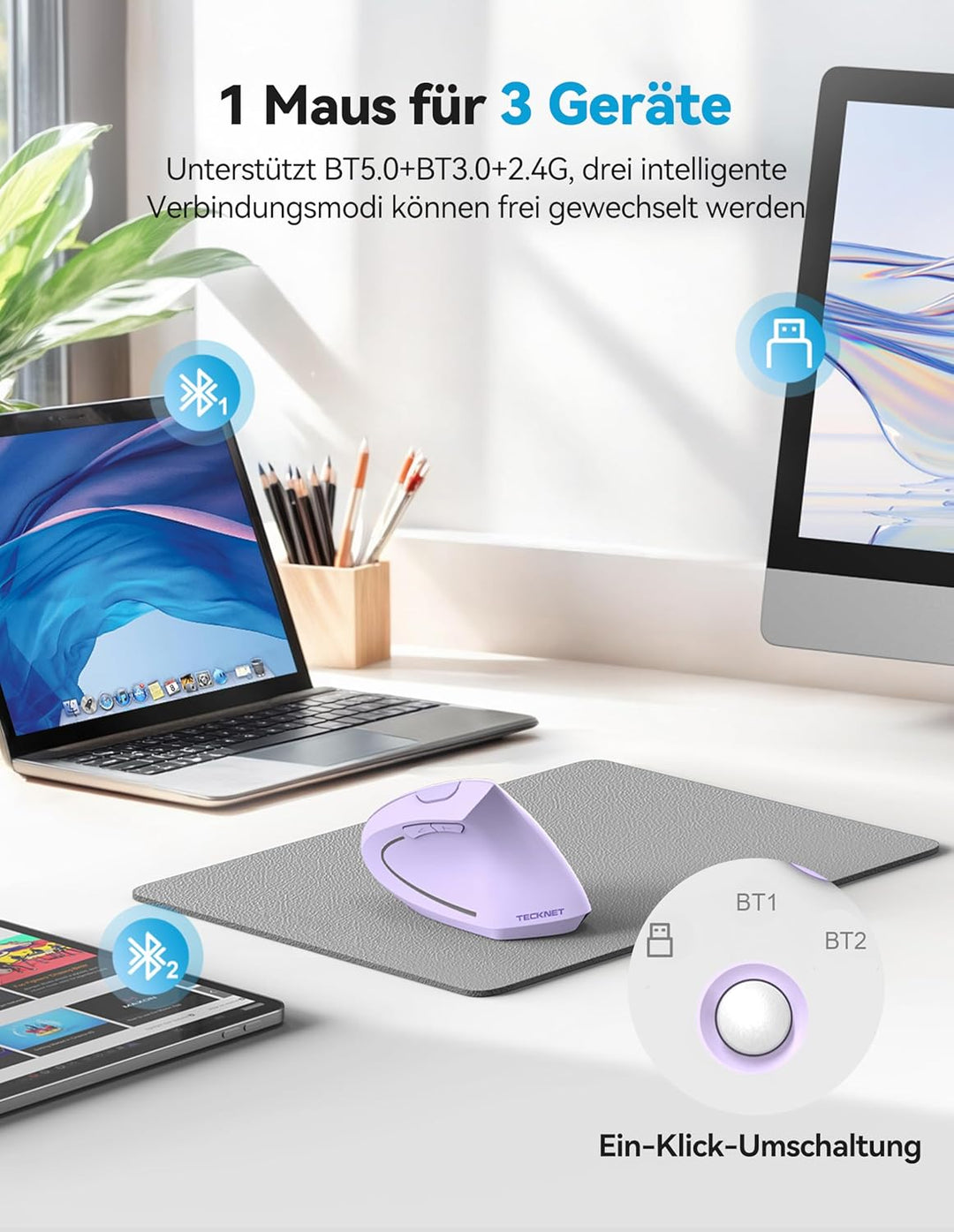 TECKNET Ergonomische Bluetooth Maus, Wiederaufladbar Kabellose Vertikale Maus (BT 5.0/3.0 + 2.4G), 6