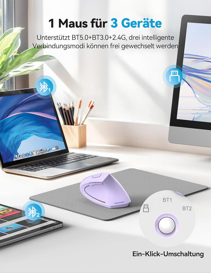 TECKNET Ergonomische Bluetooth Maus, Wiederaufladbar Kabellose Vertikale Maus (BT 5.0/3.0 + 2.4G), 6