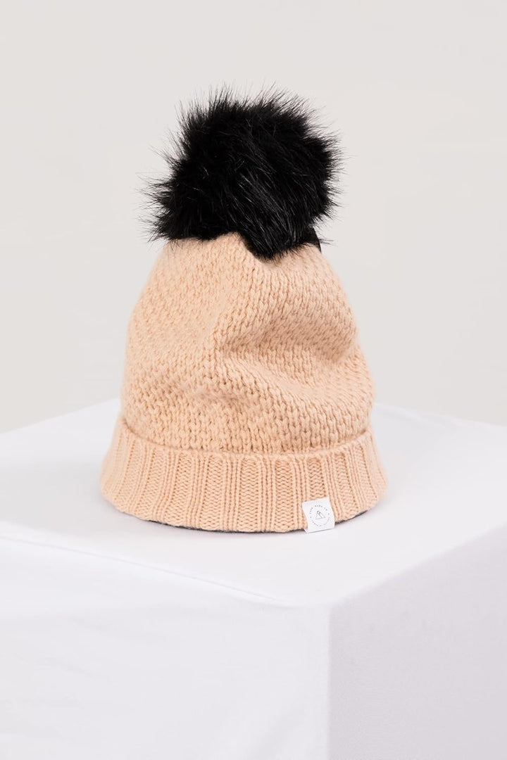 CASH-MERE.CH 100% Kaschmir Mütze | Strickmütze mit Pompon für Damen und Jugendliche Einheitsgrösse C