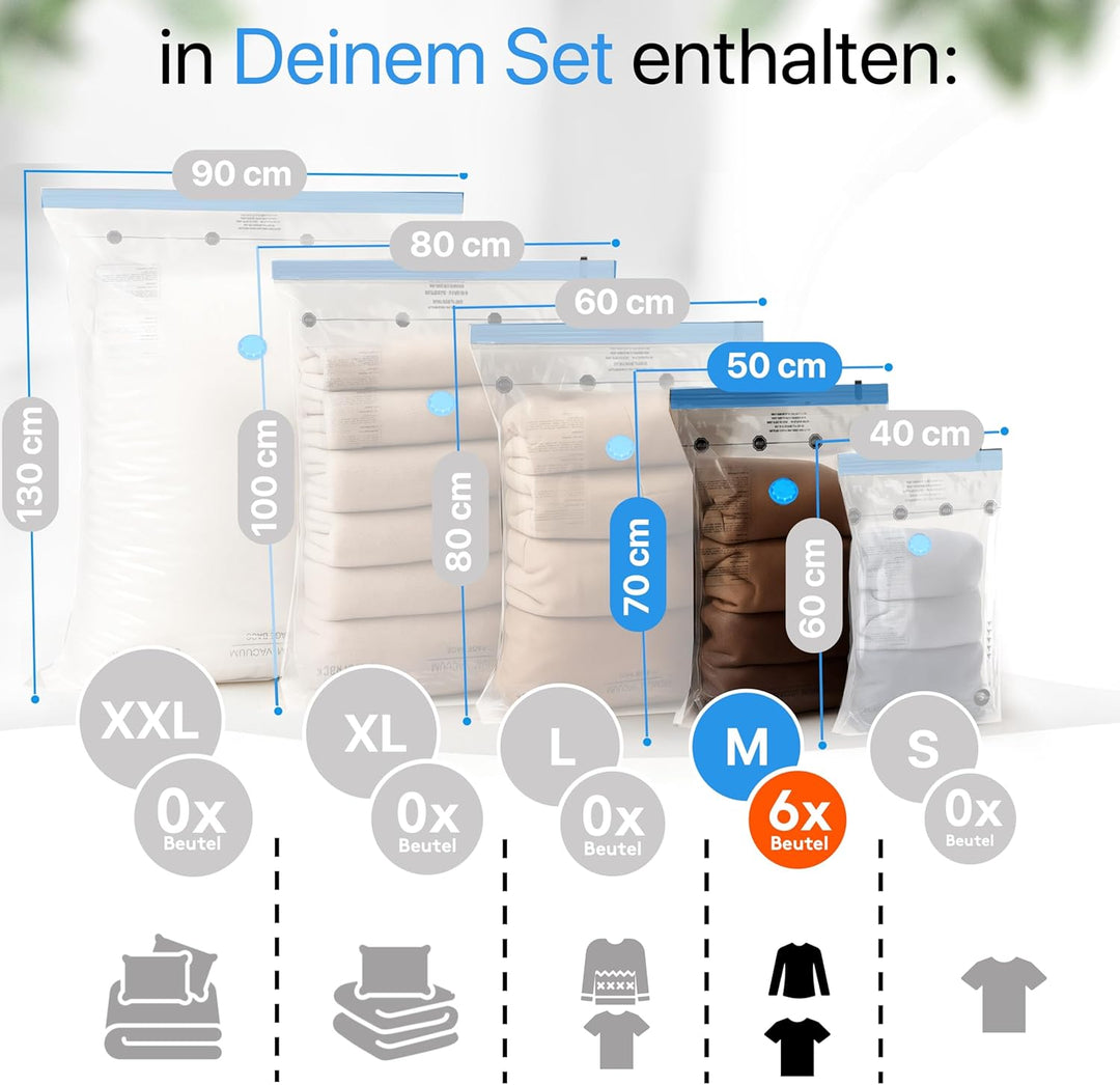 Vakuumbeutel für Kleidung [6 Stück] Medium (50x70 cm) - INKL. ETIKETTEN - Vakuumierbeutel Kleidung,