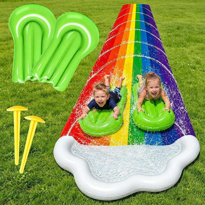 Morofme Regenbogen Wasserrutsche Garten für Kinder, 480x140cm Doppelte Wasser Rutschbahn mit Bodyboa