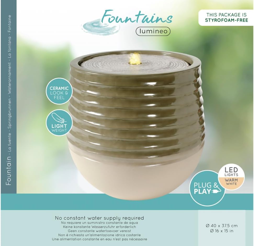 Lumineo LED Gartenbrunnen Outdoor – Moderner Springbrunnen für Garten &amp; Terrasse mit Warmweiss-Beleu