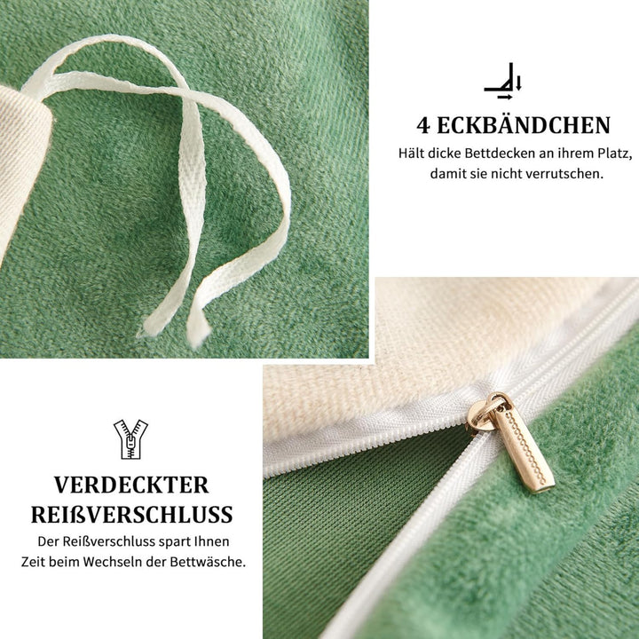 Freyamy Plüsch Bettwäsche 135x200cm 2Teilig Beige Grün Samt Biber Cashmere Touch Winterbettwäsche Fl