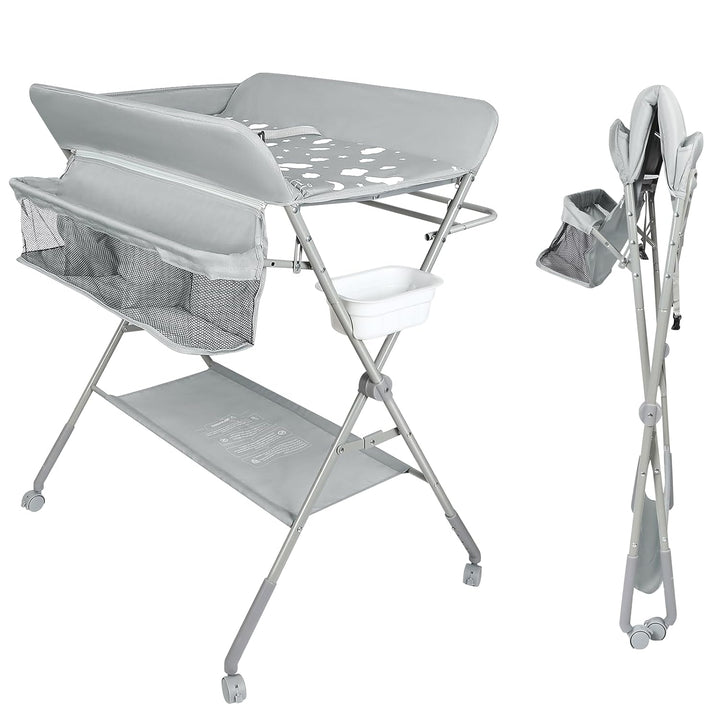 mobiler Wickeltisch mit Wickelaufsatz, Wickelkommode klappbar höhenverstellbar, Wickelkombi mit Sich