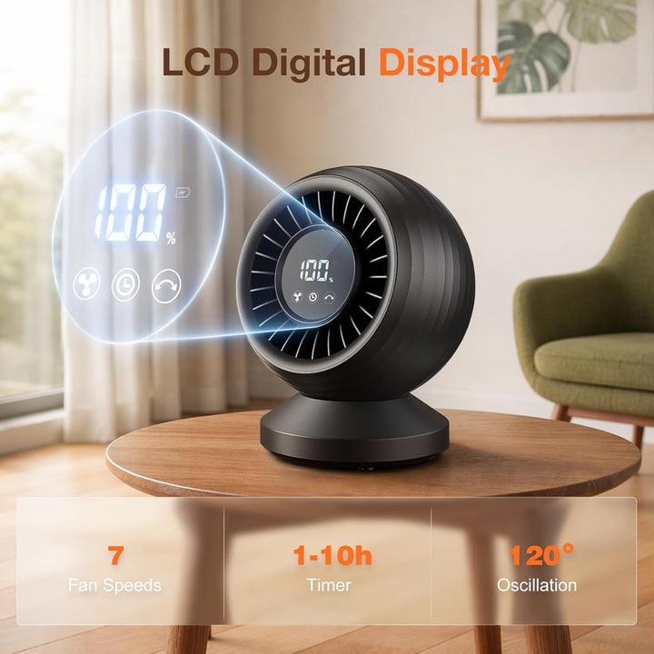 Tischventilator Sehr Leise 22dB, 3D Turbo Umluftventilator, Ventilator Leise mit 12000mAh Akku, LED