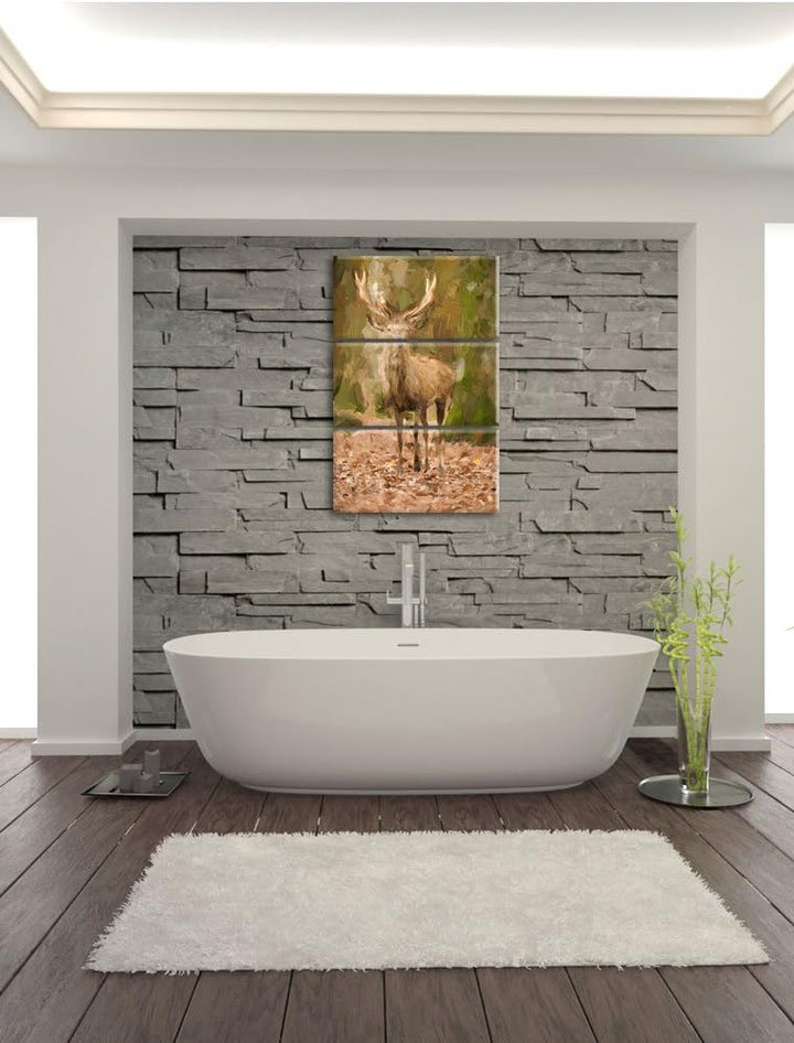 Pixxprint Schöner Hirsch im Wald Pinsel Effekt 3-Teiler Leinwandbild 120x80 Bild auf Leinwand