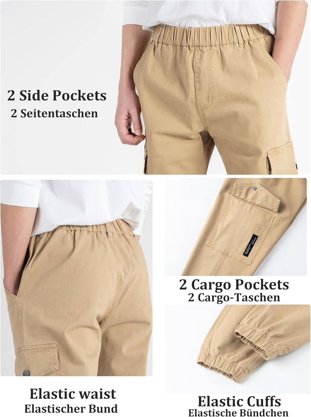CAMLAKEE Kinder Jungen Cargohose Jogger Hose mit elastischem Bund 128-134 Beige, 128-134 Beige