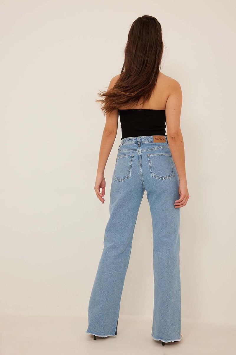 NA-KD Damen Raw Hem Side Slit Denim Jeans 44 Mid Blue, 44 Mid Blue