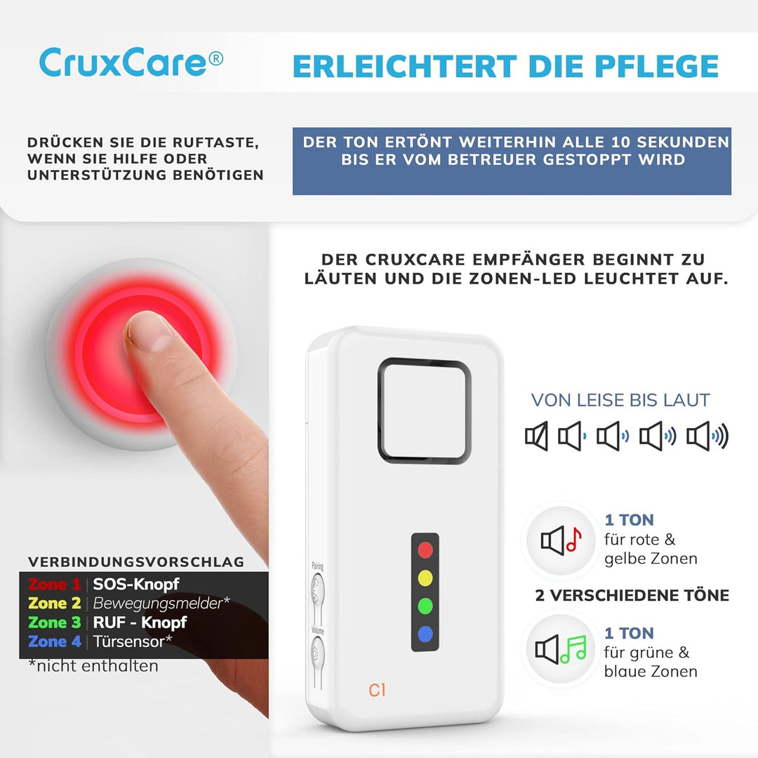 CruxCare C1 Notrufknopf für Senioren - Paniktasten und Pager für Pflegepersonal - 2 Ruftasten & 1 Dr
