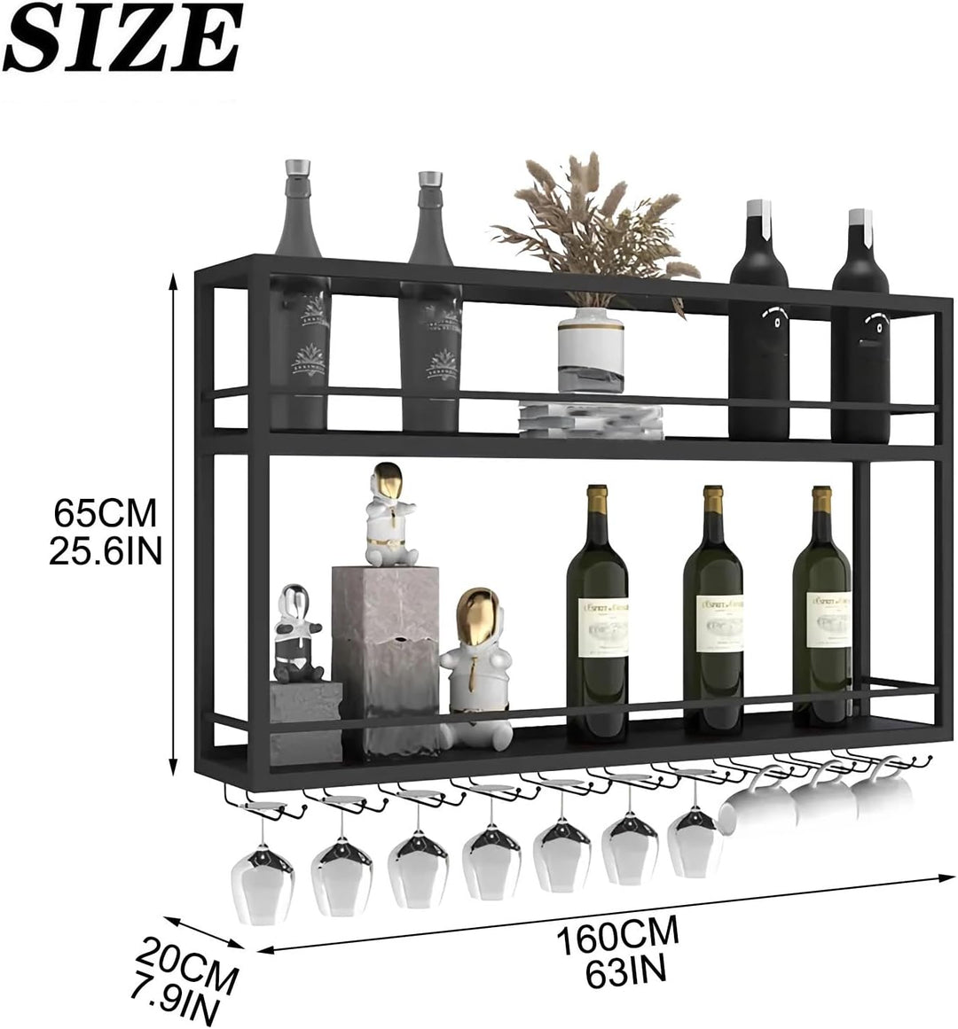 Industriell Wandmontierte Weinregal mit Glashalter, Schwarz Metallflaschenhalter Multi funktionaler