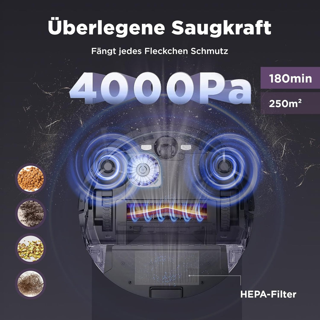 A8+ Saugroboter mit Absaugstation(2.5L) 4000Pa 3D-Hinderniserkennung Staubsauger Roboter,10mm Mopp-H