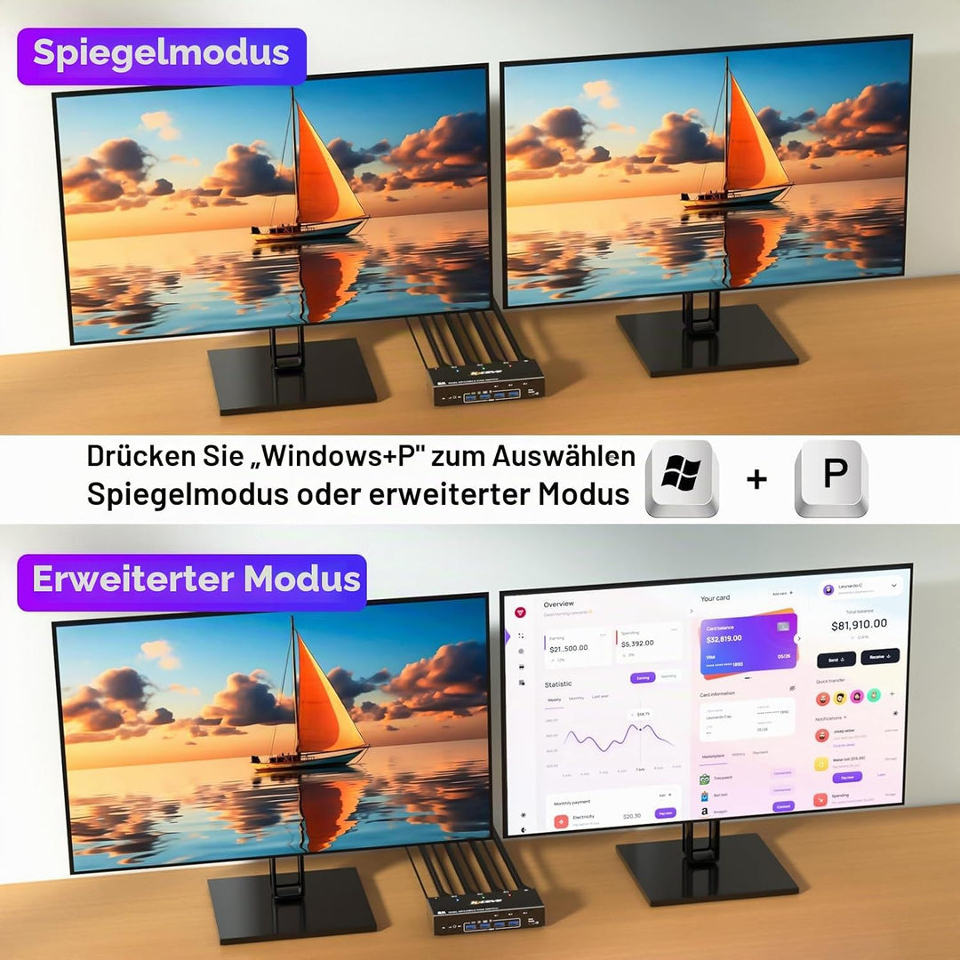 USB 3.0 KVM Switch 3 PC 2 Monitore Displayport 4K@144Hz, KVM Switch Dual Monitor Displayport 1.4 für