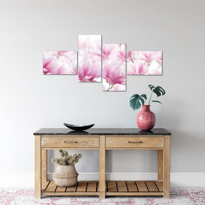 Runa Art Bild Modern Blumen Magnolien - Made in Germany - Wandbilder Blumenmotiv Rosa Weiss 4 Teilig