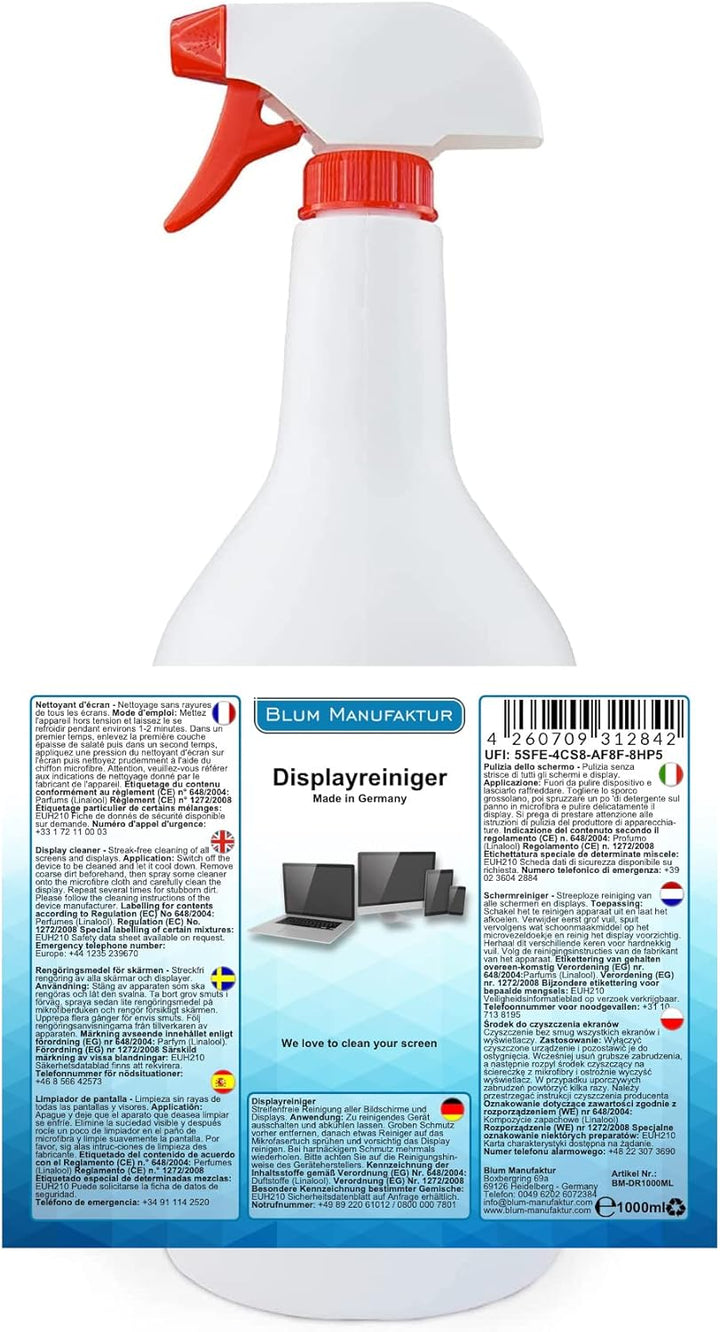 Blum - 1000ml Bildschirmreiniger Displayreiniger + Mikrofasertuch 30x30 cm - Absolut streifenfreie R
