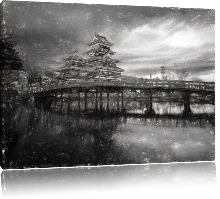 Pixxprint asiatischer Tempel an See als Leinwandbild/Grösse: 100x70 cm/Wandbild/Kunstdruck/fertig be