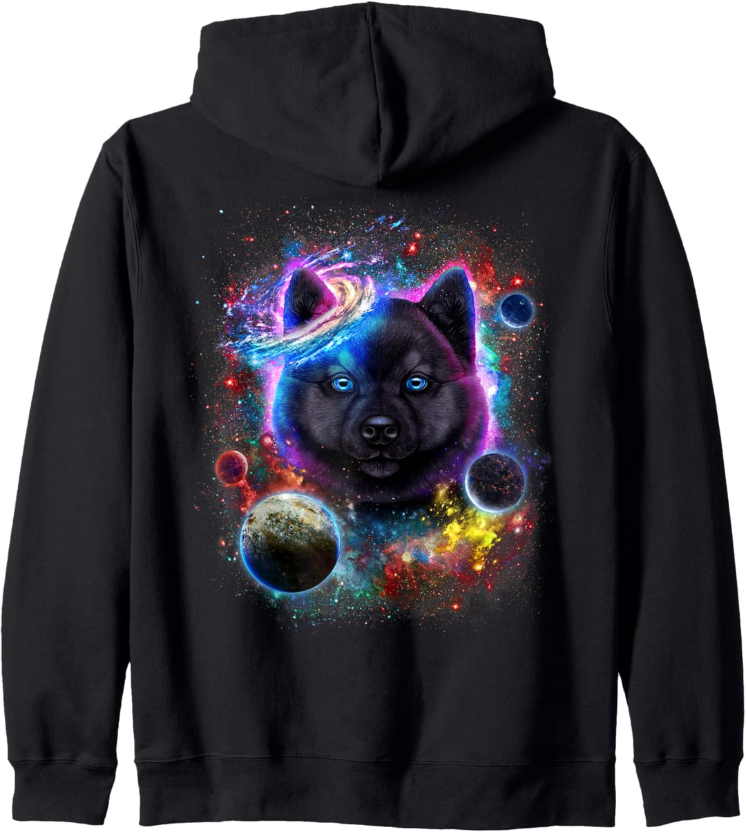 Schwarzer Akita-Hund im Weltraum wirbeln in der Galaxie Kapuzenjacke