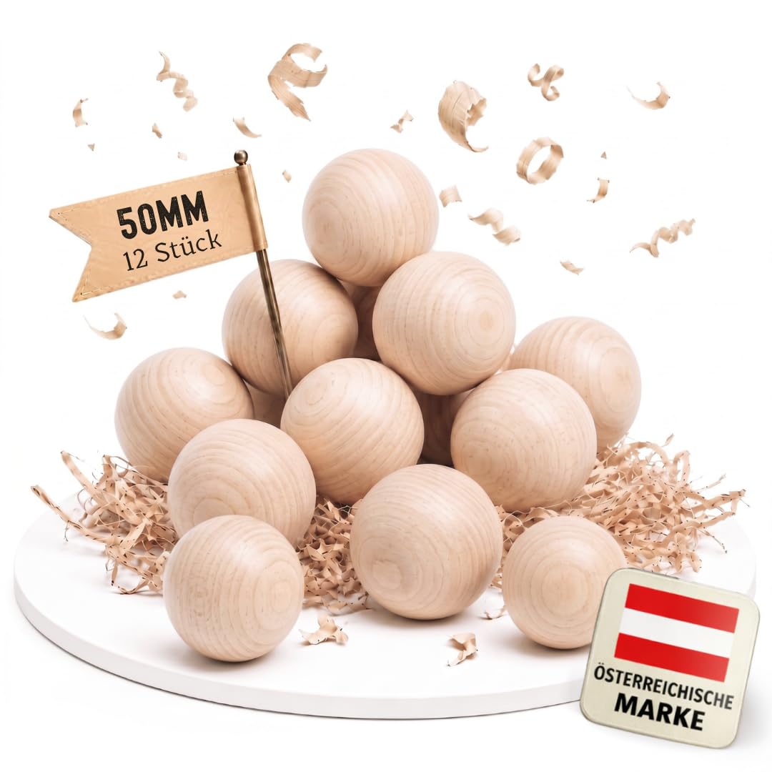 EV® Holzkugeln ohne Loch - 12 Stück 50mm Durchmesser - Made in Austria - Grosse Holzperlen ohne Bohr
