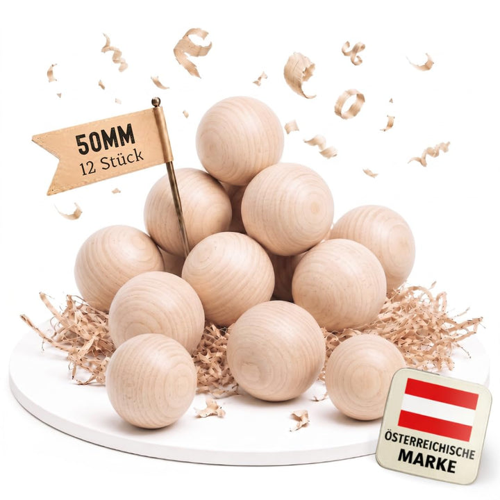 EV® Holzkugeln ohne Loch - 12 Stück 50mm Durchmesser - Made in Austria - Grosse Holzperlen ohne Bohr