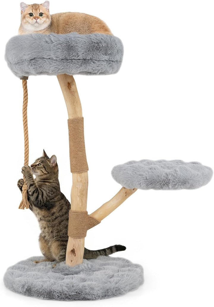 COSTWAY 90 cm Kratzbaum Holz, Katzenbaum mit 3 Plüschsitzflächen, Seil & Kratzpfosten aus Jute, Katz