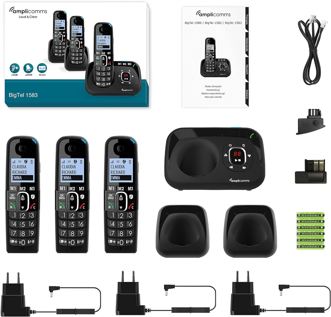 Amplicomms BigTel 1583 Trio schnurloses DECT Grosstasten Telefon, Anrufbeantworter, DREI Mobilteile,