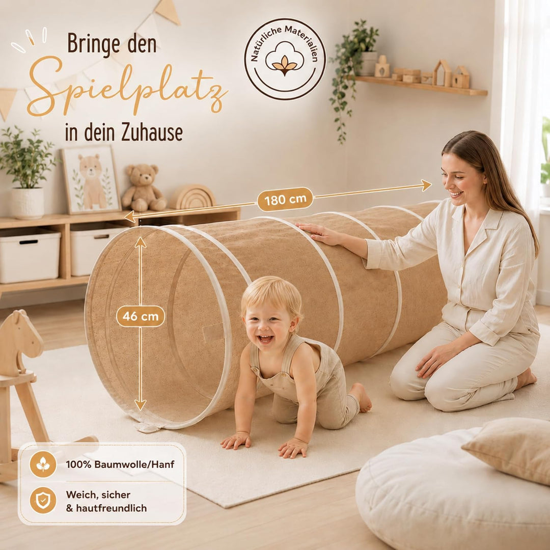 Spieltunnel für Kinder aus Baumwolle/Hanf mit Klettverschlüssen [180cm x 46cm] Krabbeltunnel für Bab