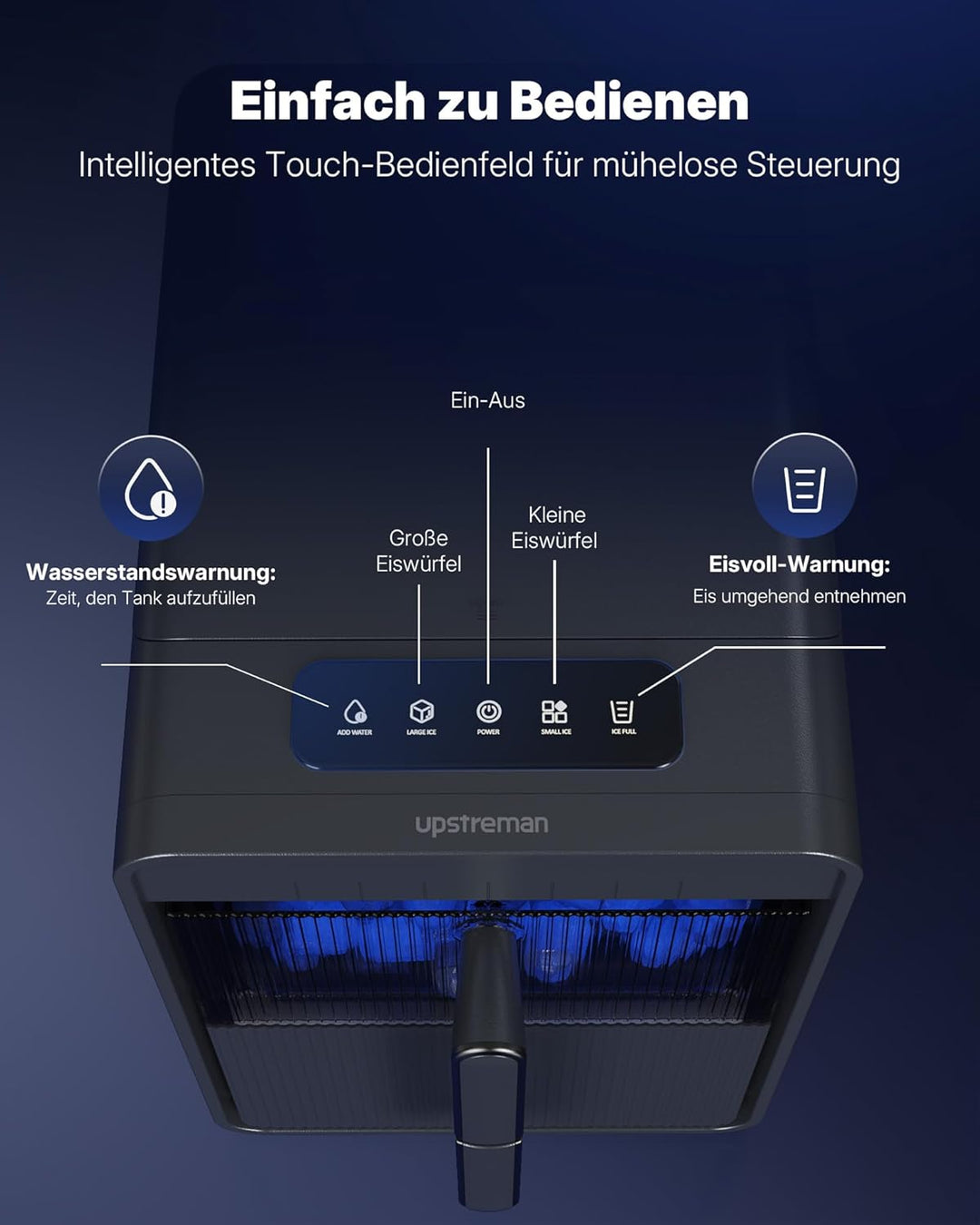 Upstreman Eiswürfelmaschine mit LED, 9 Eiswürfel in 6-8 Min, Eiswürfelmaschine Klein 2 Eisgrössen, D