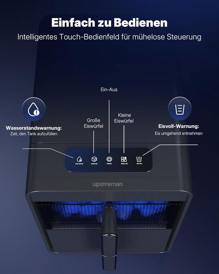 Upstreman Eiswürfelmaschine mit LED, 9 Eiswürfel in 6-8 Min, Eiswürfelmaschine Klein 2 Eisgrössen, D