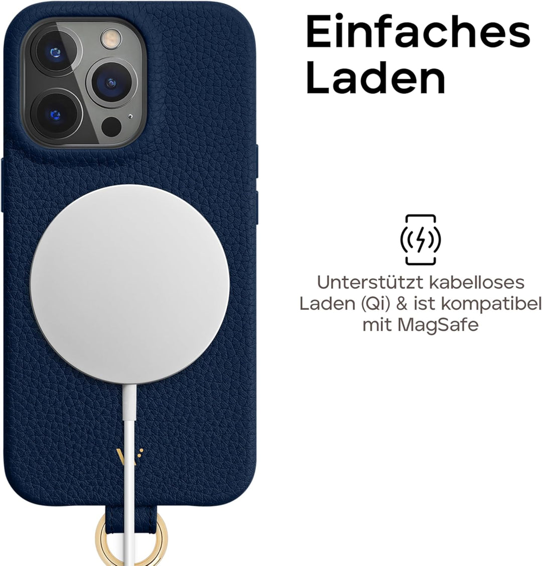 WIIUKA Hülle für iPhone 15 Pro, Leder aus Deutschland, Lederhülle Handykette, Premium Handyhülle, Ca