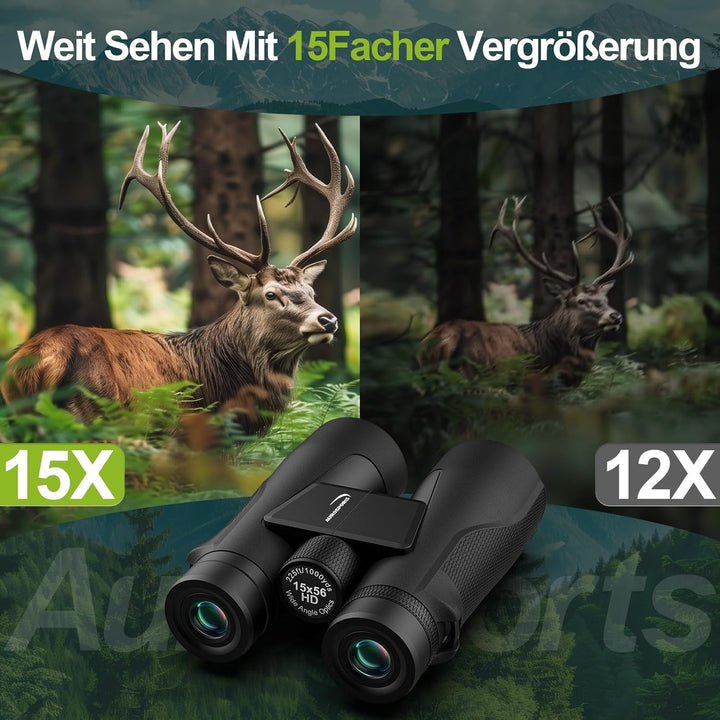 15x56 HD Fernglas Erwachsene - Aurosports Large View Fernglas mit klaren Low Light Vision - Leichtge