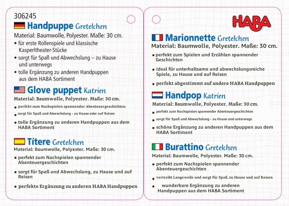 HABA 306245 - Handpuppe Gretelchen, Handpuppe ab 1,5 Jahren
