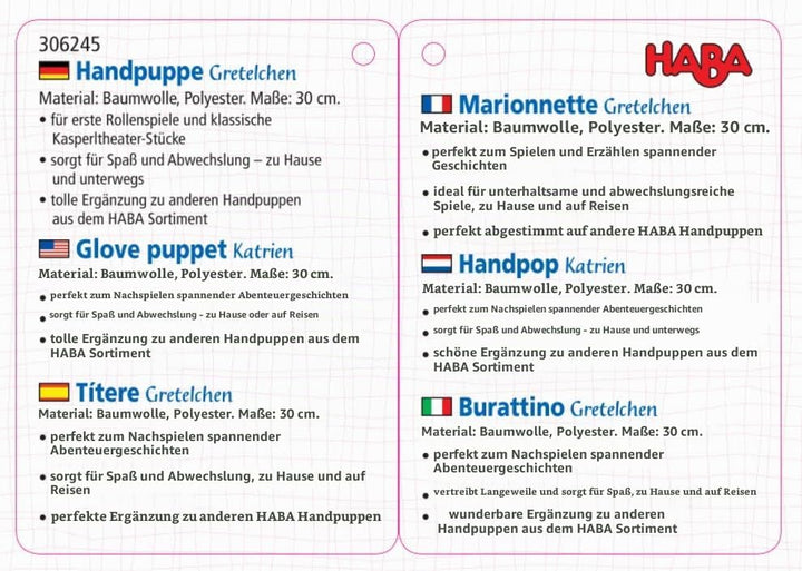 HABA 306245 - Handpuppe Gretelchen, Handpuppe ab 1,5 Jahren