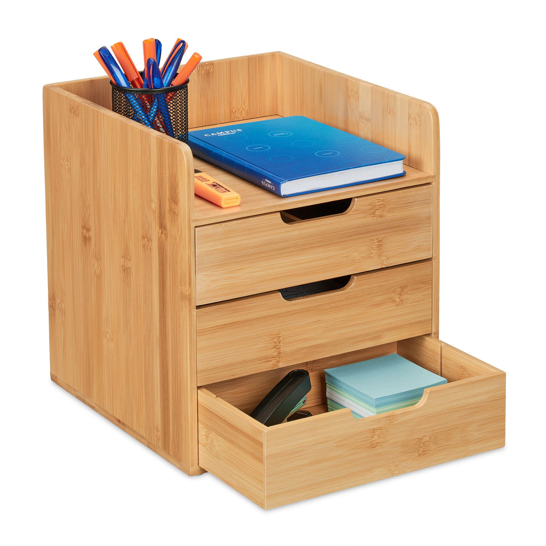 Relaxdays Schreibtisch Organizer, 3 Schubladen, Ablage Büroutensilien, HBT: 33 x 30 x 31 cm, Bambus